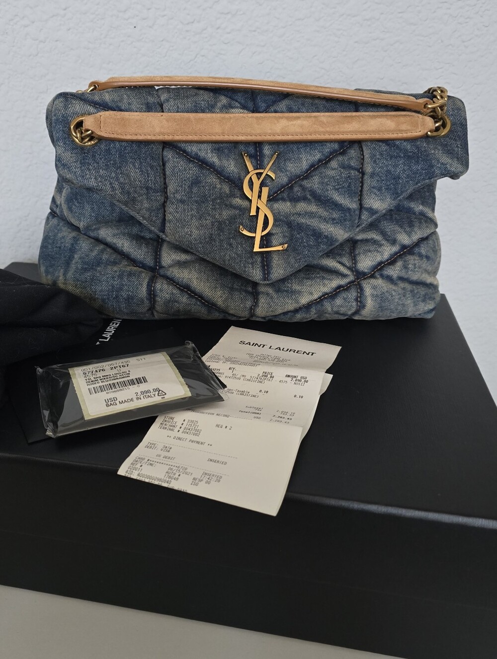 Saint Laurent Denim Quilted Small Loulou Puffer Monogram Chain Bag